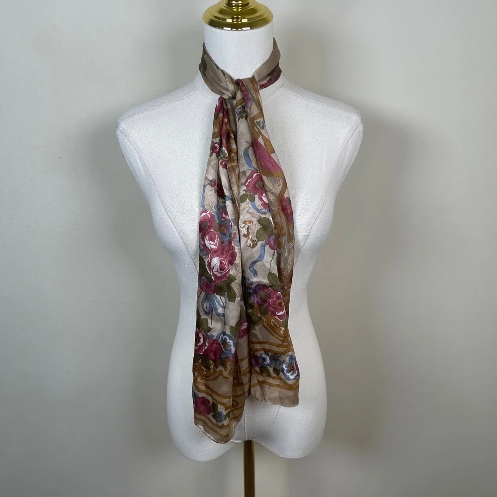 Vintage Liz Claiborne Floral Silk Scarf Women Tan Rose Ribbon Victorian Cottage